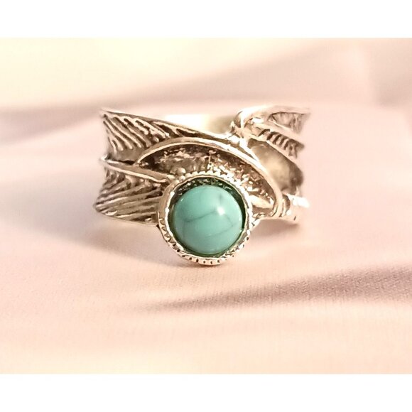 Boho Silver Leaf Wrap Turquoise Ring Size 5 New Nature Inspired Statement Gift - Picture 1 of 5